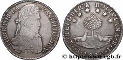 BOLIVIE 8 Soles deux lamas couchés à gauche devant un arbre / buste lauré à droite en habit militaire de Simon Bolivar 1840 Potosi TTB+ 