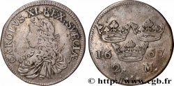 SWEDEN 2 Mark Charles XI tête laurée / 3 couronnes 1667 Stockholm