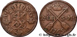 SWEDEN 2 Ore écu couronné frappe au nom du roi Adolphe Frédéric de Suède 1765 