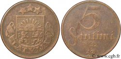 LETTONIA 5 Santimi emblème variété sans nom d’atelier 1922 Huguenin, Le Locle, Suisse