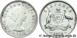AUSTRALIE 6 Pence Elisabeth II / émeu et kangourou de part et d’autre d’un écu 1954 Melbourne