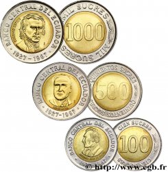 ECUADOR 100, 500 et 1000 Sucres 70e anniversaire de la banque centrale 1997 