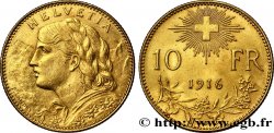 SWITZERLAND 10 Francs or  Vreneli  Buste diadémé d Helvetia / Croix suisse 1916 Berne - B AU 