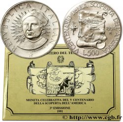ITALIE 500 Lire 5e centenaire de la découverte de l’Amérique, 3e émission : Christophe Colomb / carte 1991 Rome - R