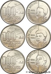BRASIL Lot de trois monnaies de 100 Cruzados Centenaire de l’Abolition de l’Esclavage 1988 