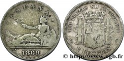 SPAIN 2 Pesetas “ESPAÑA” allongée / emblème 1869 Madrid VF 