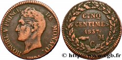 MONACO 5 Centimes Honoré V petite tête en cuivre rouge 1837 Monaco TB+ 