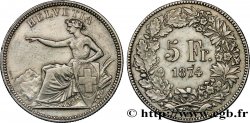 SWITZERLAND 5 Francs Helvetia assise 1874 Bruxelles XF/AU 
