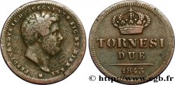 ITALIA - REINO DE LAS DOS SICILIAS 2 Tornesi Royaume des Deux-Siciles, Ferdinand II / couronne étoile à 6 pointes 1843 Naples