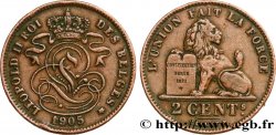 BELGIQUE 2 Centimes lion monogramme de Léopold II légende française 1905 
