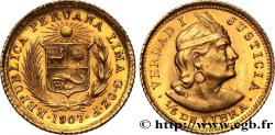 PÉROU 1/5 Libra or emblème / indien 1907 Lima SUP 