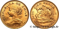 CHILE 100 Pesos or ou 10 condores en or, 2e type 1947 Santiago