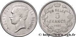 BELGIQUE 5 Francs - 1 Belga Albert Ier légende Française 1932 