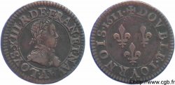 LOUIS XIII  Double tournois au petit buste enfantin, col plat 1611 Paris, Moulin du Louvre