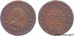 LOUIS XIII  Double tournois, buste adolescent au petit col plat de Paris 1620 Paris SS