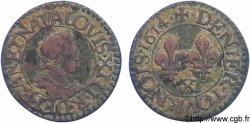 LOUIS XIII  Denier tournois, petit buste adolescent au col plat d’Amiens 1614 Amiens