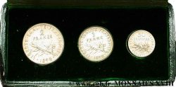 Trois pièces vieil argent dans leur écrin : 50 centimes, 1 franc et 2 francs Semeuse 1897 et 1898 Paris F.190/2