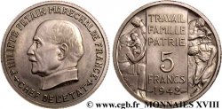 Essai grand module de 5 francs Pétain de Bazor et Galle, sans le mot essai 1942 Paris VG.cf. 5609 