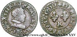 LOUIS XIII LE JUSTE Denier tournois, grosse tête juvénile au col plat de Villeneuve 1627 Saint-André de Villeneuve-lès-Avignon