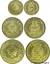 TUNISIE - PROTECTORAT FRANÇAIS - MOHAMED LAMINE Lot de trois essai - piéforts : 2 francs, 1 franc et 50 centimes en bronze-aluminium 1945 Paris