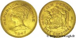 CHILE - REPUBLIC 100 pesos or ou 10 condores en or, 2e type 1947 S°, Santiago du Chili