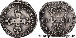 LOUIS XIV LE GRAND OU LE ROI SOLEIL Quart d&nbsp;écu, titulature côté croix 1644 Limoges TTB