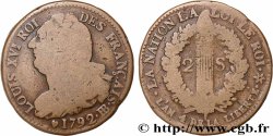 LOUIS XVI 2 sols dit &nbsp;au faisceau&nbsp;, type FRANÇAIS 1792 Strasbourg