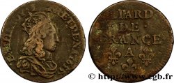 LOUIS XIV LE GRAND OU LE ROI SOLEIL Liard de cuivre, 2e type 1655 Corbeil TB+