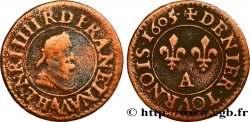 HENRI IV LE GRAND Denier tournois, 1er type de Paris (légende française) 1605 Paris, Moulin des Étuves