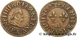 HENRY IV Denier tournois, 2e type de Paris (légende française) 1607 Paris, Moulin des Étuves SS