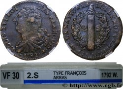 LOUIS XVI (MONARQUE CONSTITUTIONNEL)  2 sols dit  au faisceau , type FRANCOIS 1792 Arras