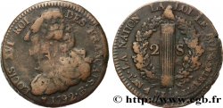 LOUIS XVI (MONARQUE CONSTITUTIONNEL)  2 sols dit &nbsp;au faisceau&nbsp;, type FRANÇAIS 1792 Strasbourg
