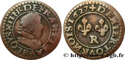 LOUIS XIII  Denier tournois, grosse tête juvénile au col plat de Villeneuve 1627 Saint-André de Villeneuve-lès-Avignon