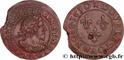 LOUIS XIII LE JUSTE Double tournois, type 7 de Lyon, buste viril barbu et drapé 1630 Lyon