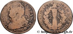 LOUIS XVI (MONARQUE CONSTITUTIONNEL)  2 sols dit &nbsp;au faisceau&nbsp;, type FRANÇAIS 1792 Strasbourg